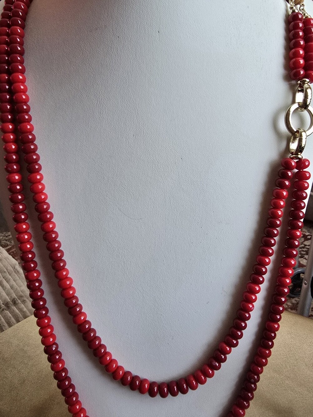 Chico's Red Beaded Double-Strand Necklace with Gold Links